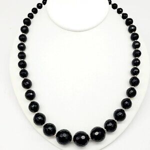 Artisan Black Onyx & Sterling Silver Faceted Beaded Necklace Graduated 24" 81 gr